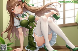 A girl in a green dress sitting on a couch.