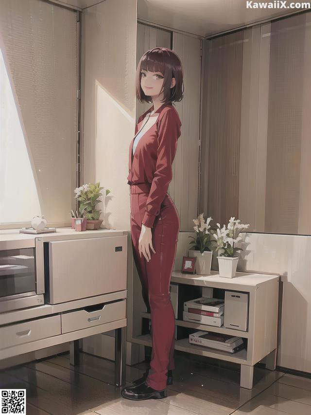 A woman in a red suit standing in a room.