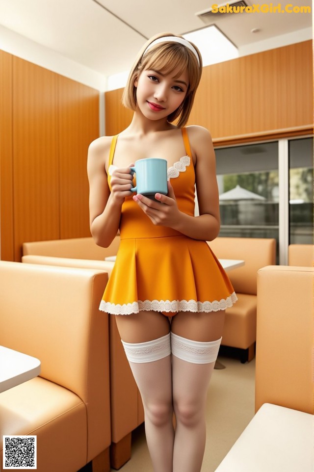 A woman in a yellow dress holding a cup of coffee.