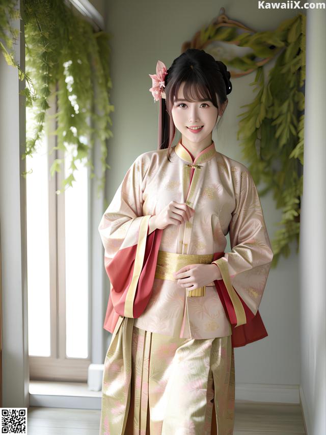 A woman in a pink and gold hanbok standing in front of a window.