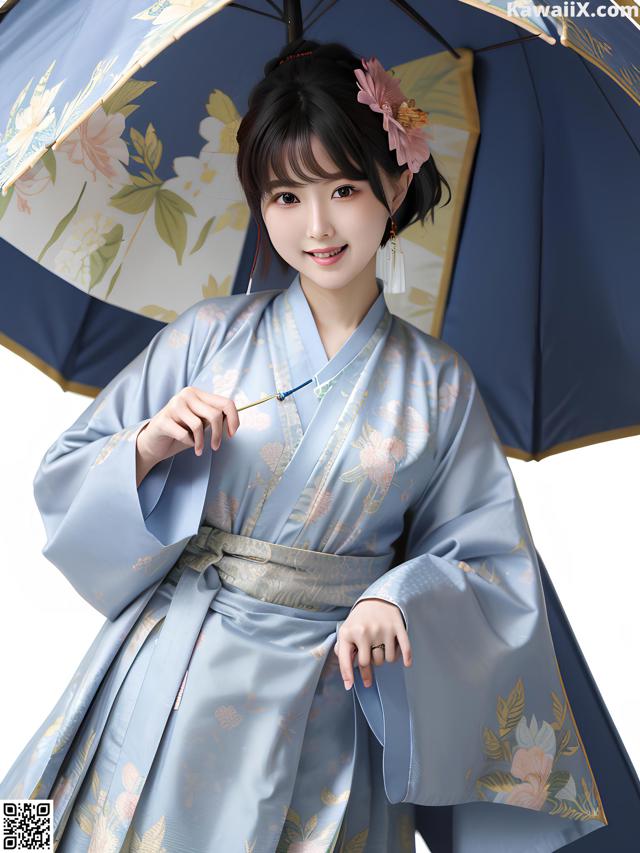 A woman in a blue kimono holding an umbrella.