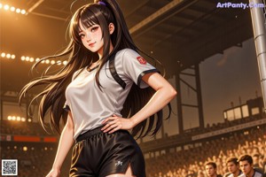 A girl in a black shirt and red shorts standing in front of a soccer goal.