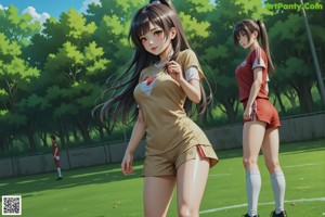 A woman in a blue shirt and black shorts standing on a soccer field.