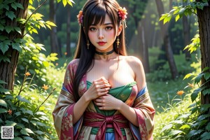 A woman in a kimono is posing in the woods.