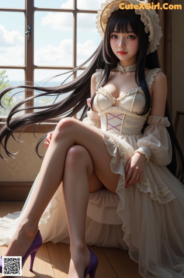 A woman in a white dress and purple shoes sitting on a window sill.