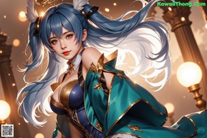 A woman with long blue hair wearing a white dress.