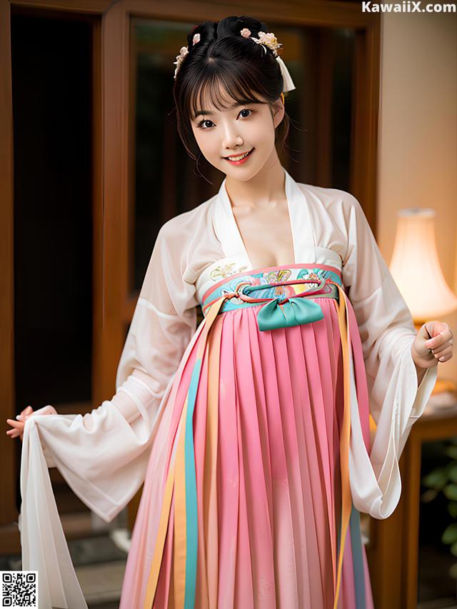 A woman in a pink and blue hanbok is posing for a picture.