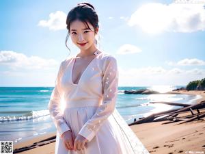 A woman in a blue and orange hanbok is posing for a picture.