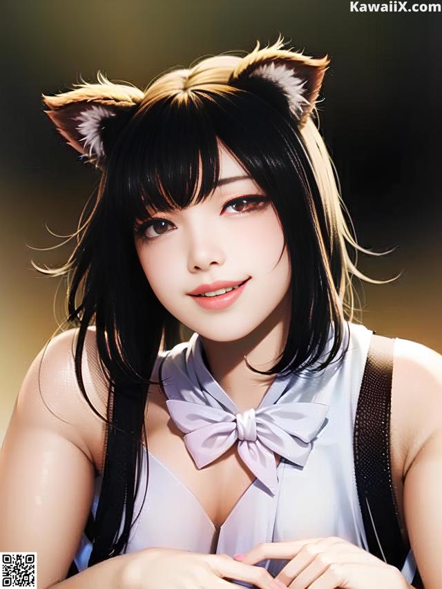 A woman with long black hair wearing a cat ears headband.