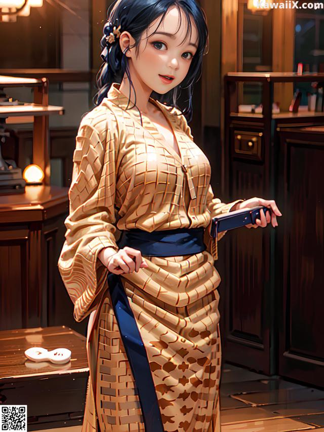 A woman in a kimono holding a cell phone.