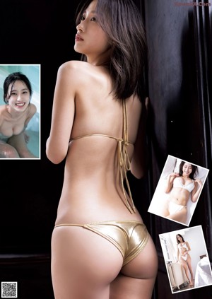 A woman in a gold bikini posing in front of a door.