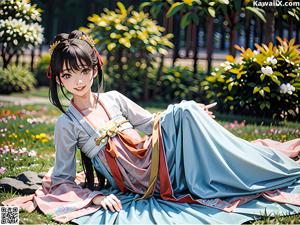 A woman in a white kimono sitting on a rock.