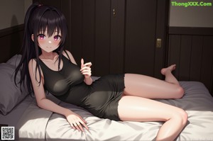 A woman with big breasts sitting on a bed.