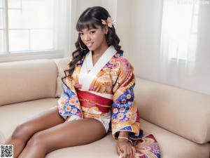 A woman in a purple and orange kimono posing for a picture.