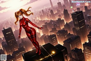 A woman in a red bodysuit is standing in the middle of a city.