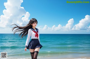 A girl in a school uniform is standing on a rock.