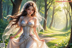 A woman in a wedding dress standing in the woods.
