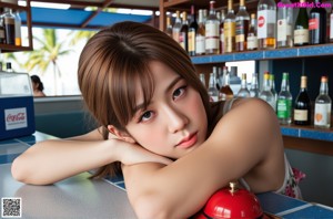 A naked asian woman sitting on a couch with her legs crossed.