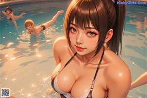 A woman in a black bikini sitting in a swimming pool.