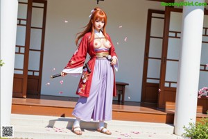 A woman in a traditional outfit with swords on her back stands against a white background with cherry blossoms.