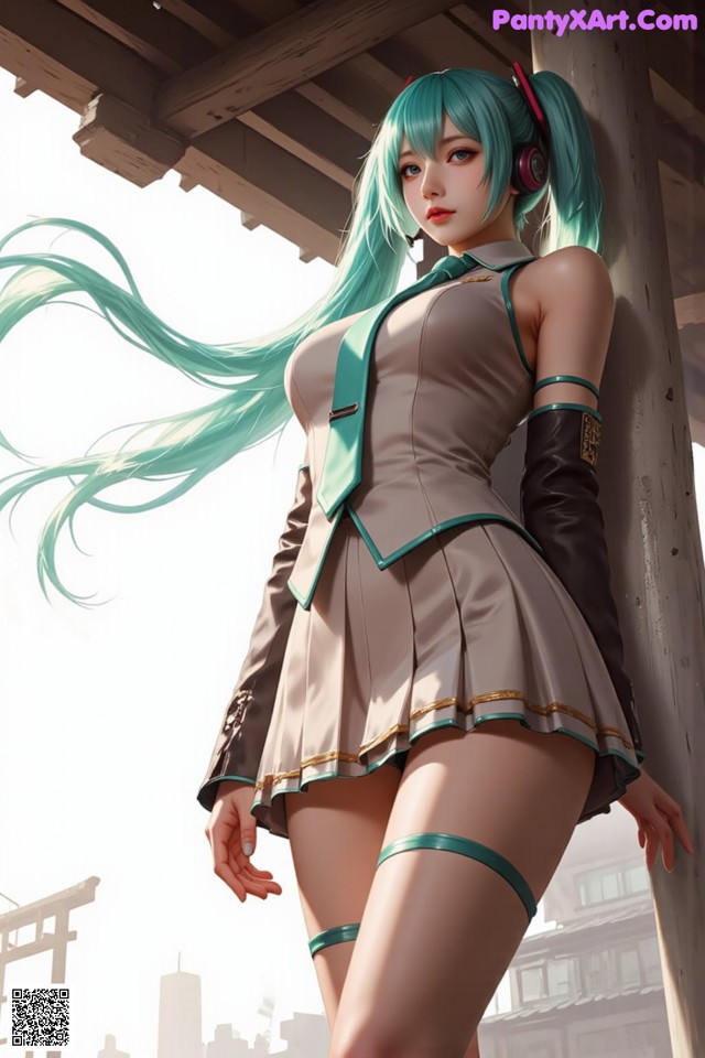 A woman with long green hair wearing a skirt and headphones.