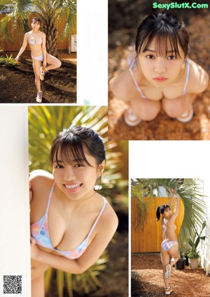 A woman in a yellow bikini sitting by a swimming pool.
