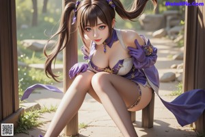 A woman with long white hair wearing a purple outfit.