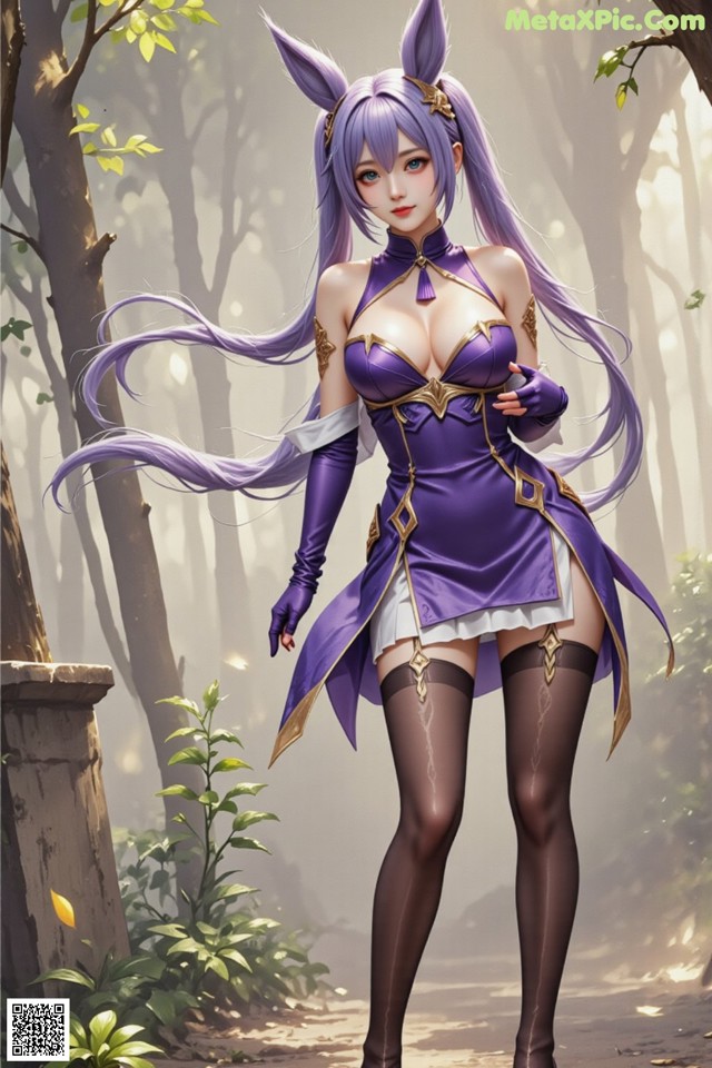 Hentai - Sovereign of Lightning in Exquisite Garb Set.2 20250126 Part 3 No.8c8b9f A woman in a purple outfit is standing in the woods.