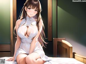 A naked anime girl sitting on a bed next to a window.