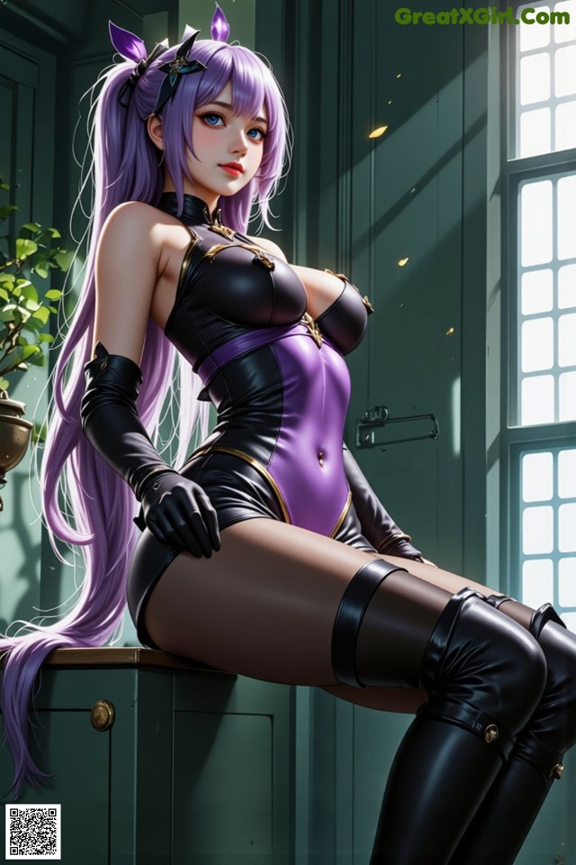 Hentai - The Velvet Nightfolds Embrace Her Regal Presence Set.1 20250104 Part 13 No.3a8fe3 A woman with long purple hair sitting on top of a cabinet.