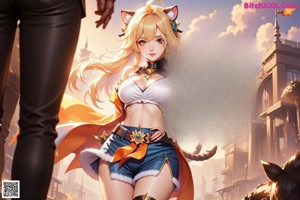 a sexy anime girl with blue hair and a cat ears sitting on a rock