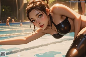 A woman in a black bikini standing in a pool.