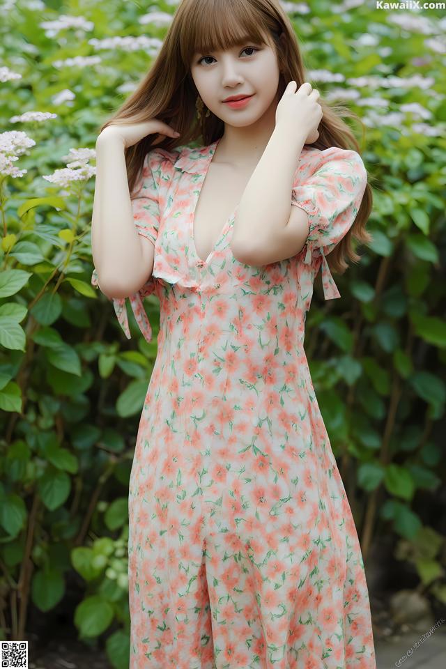 A woman in a pink floral dress posing for a picture.