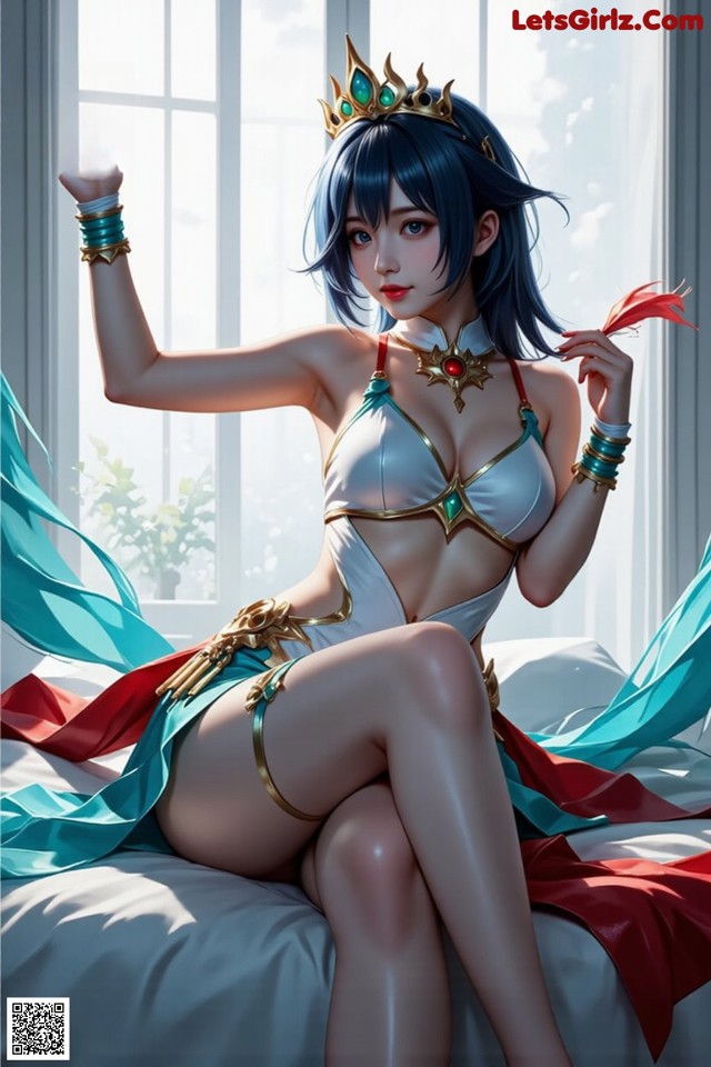 A woman in a bikini sitting on a bed.