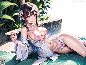 A woman in a pink kimono sitting on a bed.