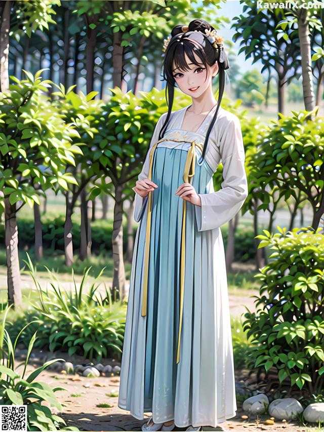 A woman in a blue and white dress standing in a park.