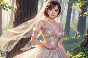 A woman in a wedding dress standing in the woods.