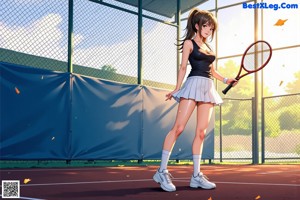 A woman sitting on a bench holding a tennis racket.