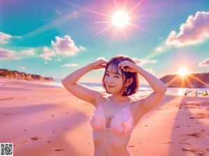 A woman in a pink bikini sitting on a beach.