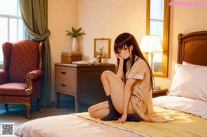 A woman sitting on a bed in a hotel room.