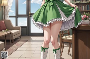 A woman in a green and white dress posing for a picture.
