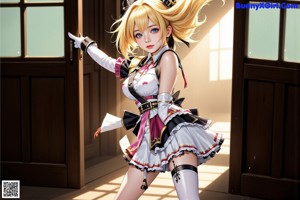 A woman in a maid outfit leaning against a wall.