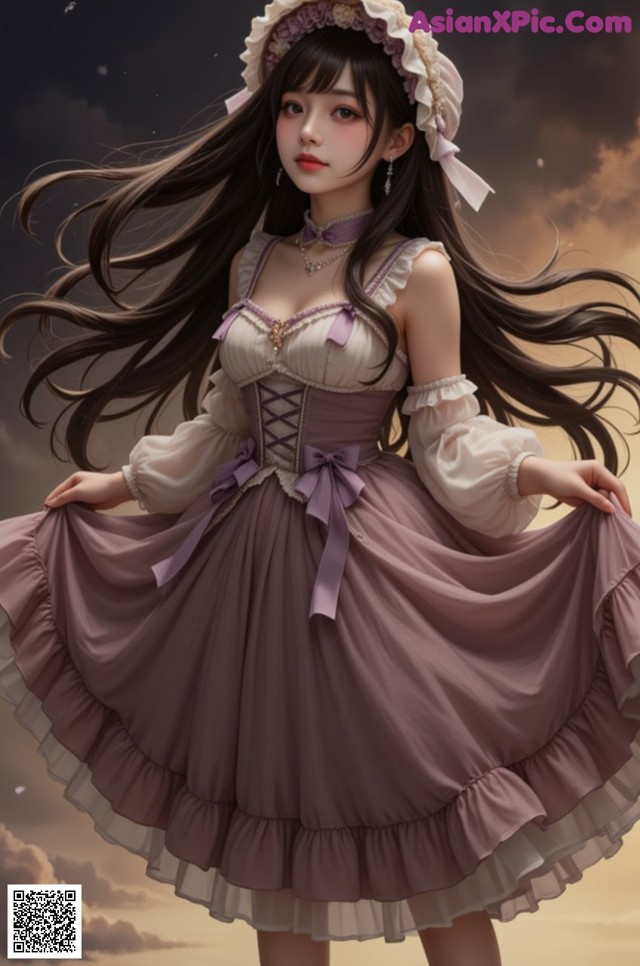 A girl in a dress and hat standing in front of a cloudy sky.