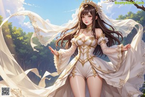 A woman in a wedding dress walking through a forest.