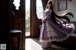 A woman in a purple dress standing on a porch.