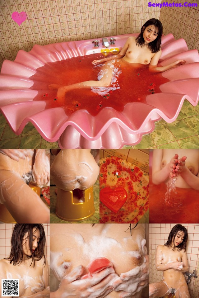 A collage of photos of a woman taking a bath in a pink bathtub.