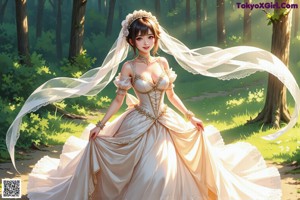 A woman in a wedding dress standing in the woods.